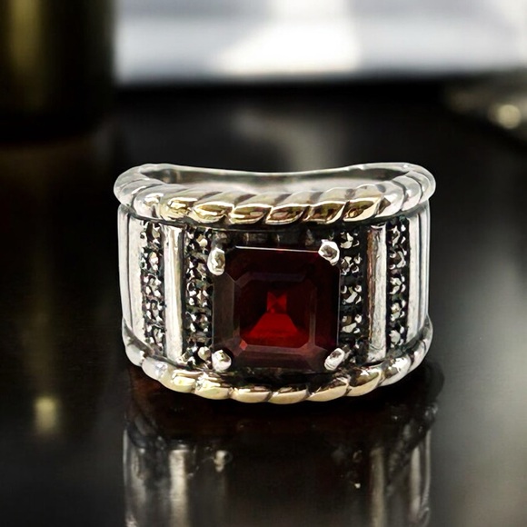 ✨ Vintage Sterling Silver Garnet Ring w/ 14K Accents & Pave Diamonds – Sz 7.5 ✨ - Picture 1 of 16